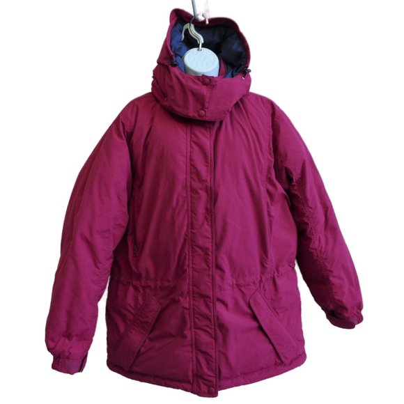 GooSe DoWN Vintage LL Bean Outdoors Parka Full Hidden Zip Snap Hood Berry L